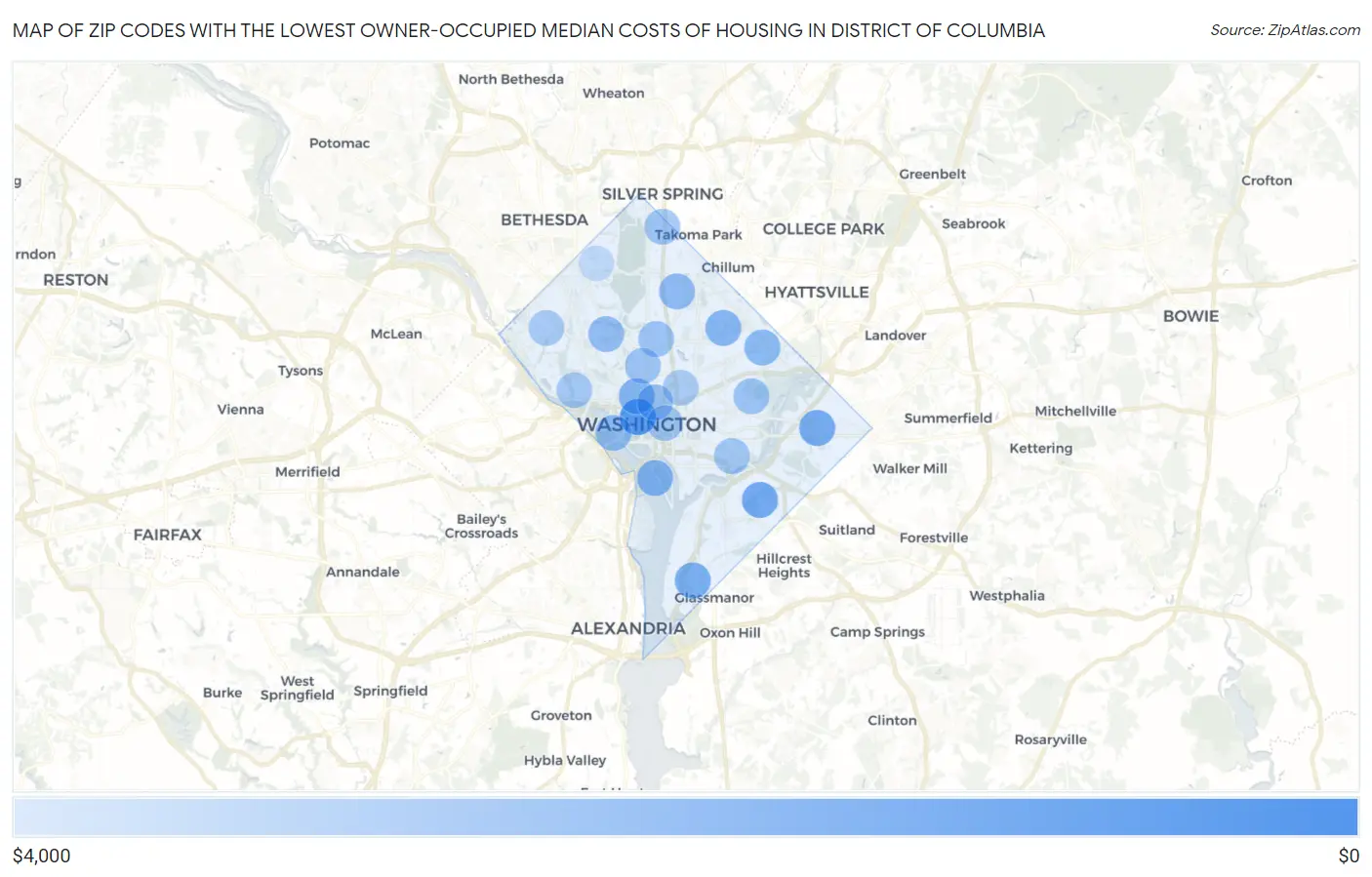 Zip Codes with the Lowest Owner-Occupied Median Costs of Housing in District Of Columbia Map