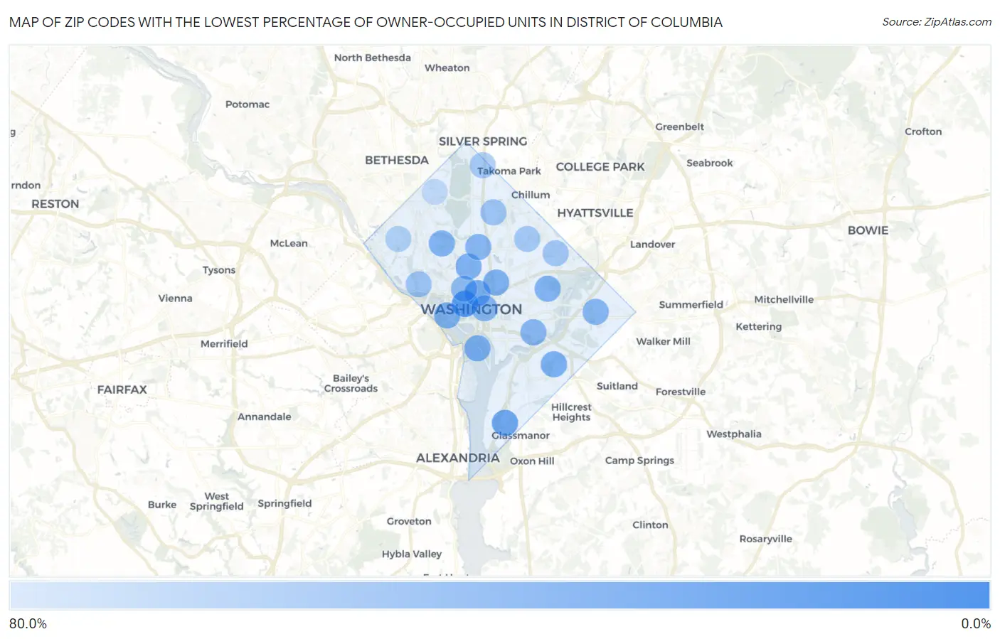 Zip Codes with the Lowest Percentage of Owner-Occupied Units in District Of Columbia Map