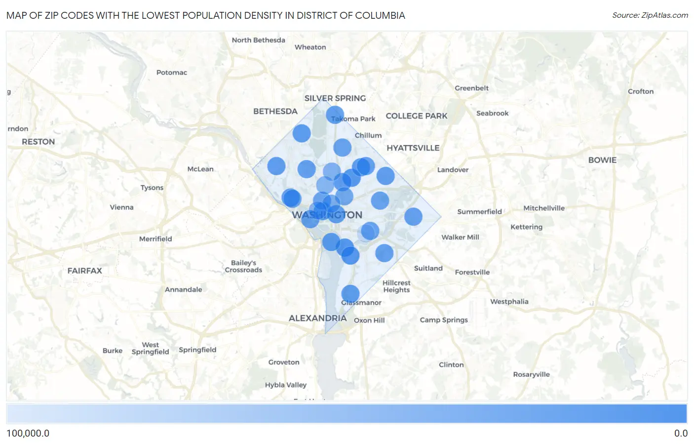 Zip Codes with the Lowest Population Density in District Of Columbia Map