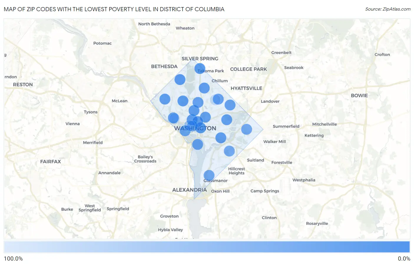 Zip Codes with the Lowest Poverty Level in District Of Columbia Map