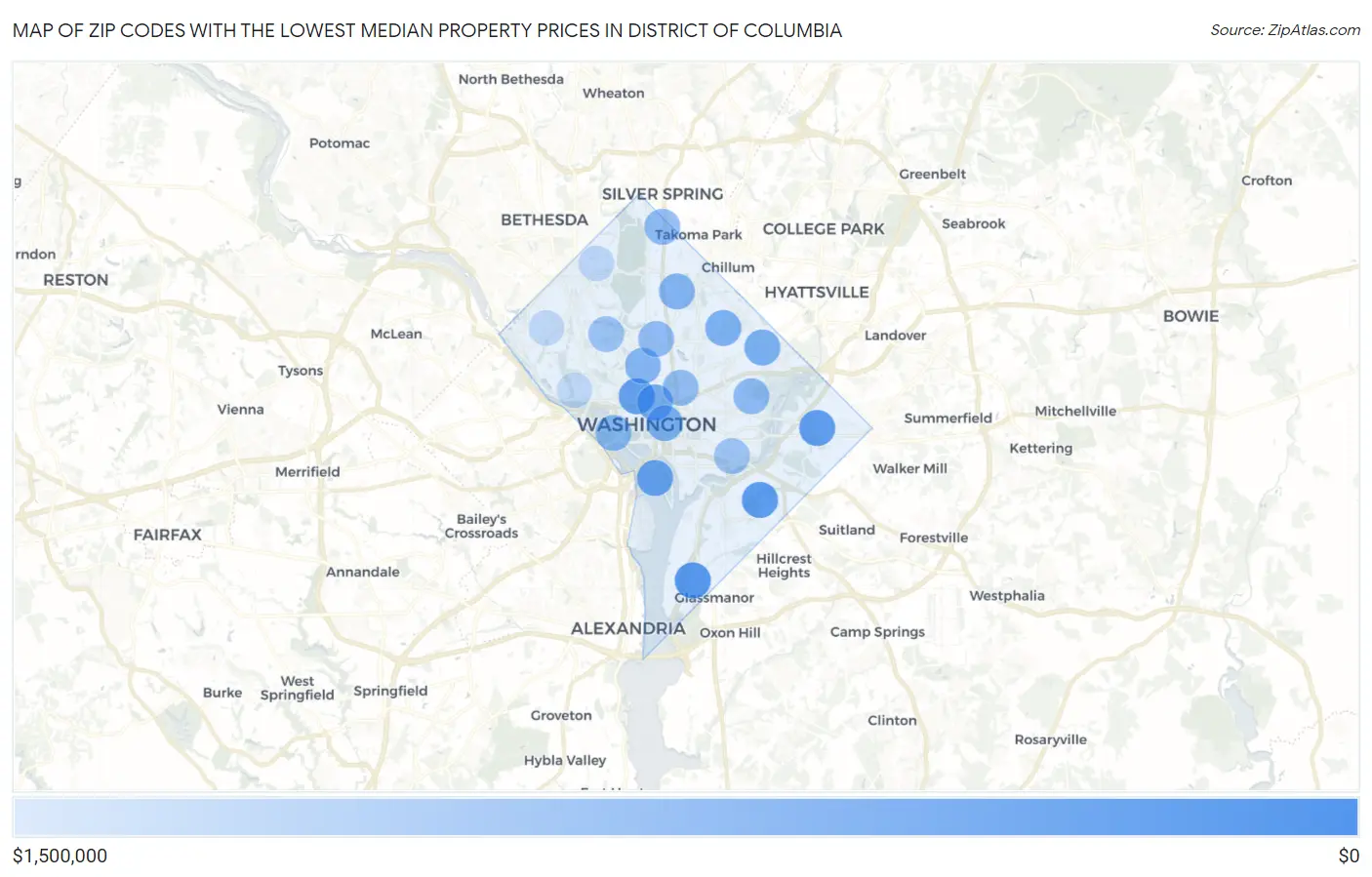 Zip Codes with the Lowest Median Property Prices in District Of Columbia Map