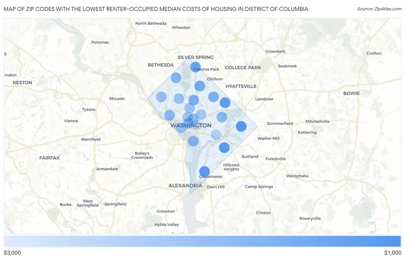 Zip Codes with the Lowest Renter-Occupied Median Costs of Housing in District Of Columbia Map