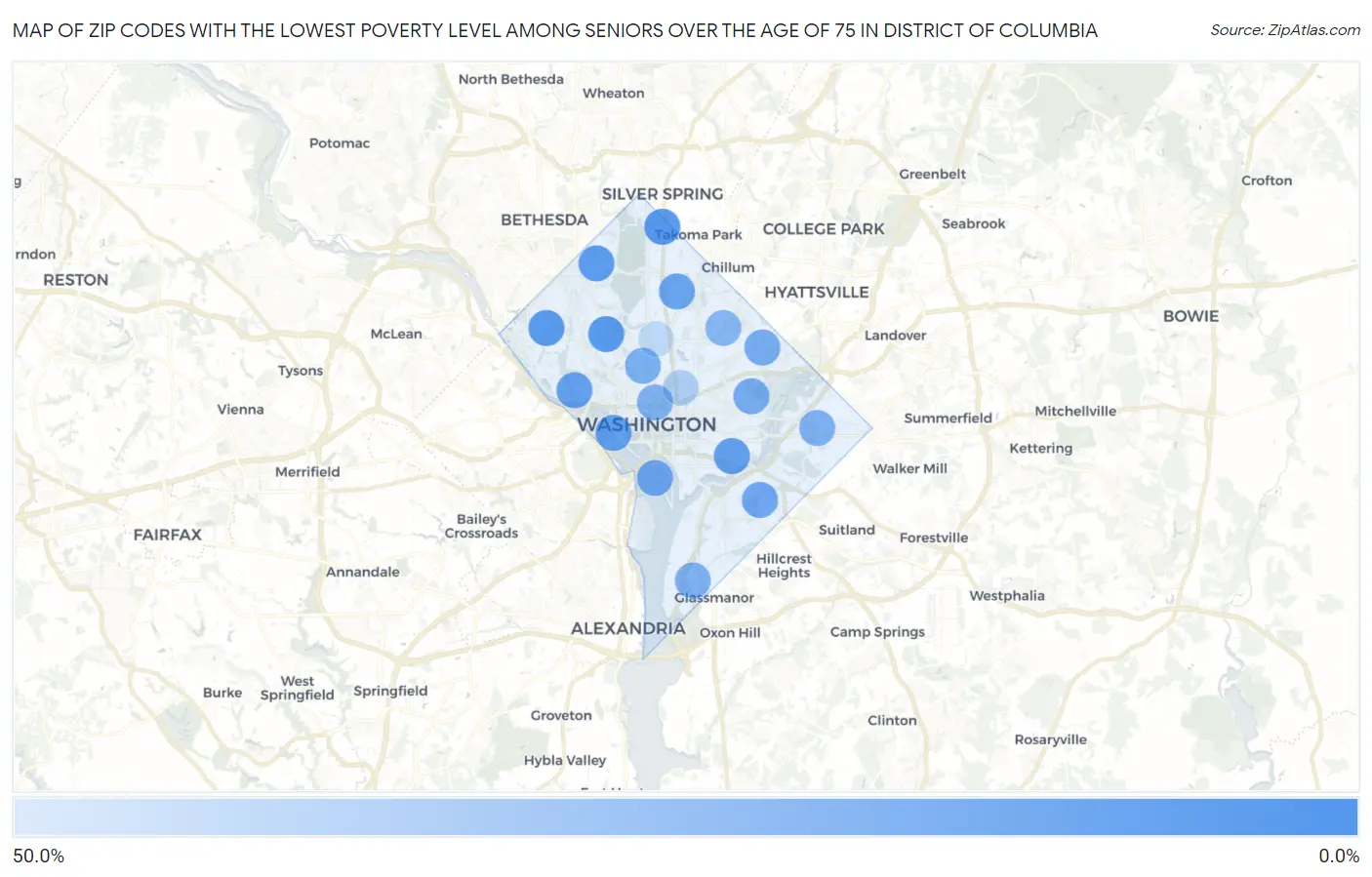Zip Codes with the Lowest Poverty Level Among Seniors Over the Age of 75 in District Of Columbia Map