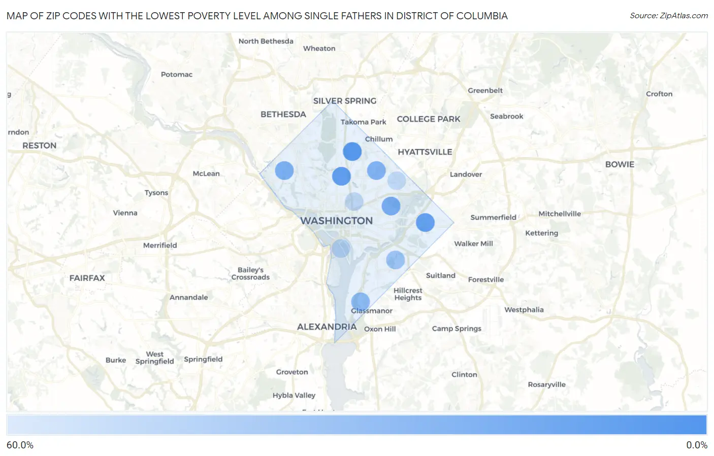 Zip Codes with the Lowest Poverty Level Among Single Fathers in District Of Columbia Map