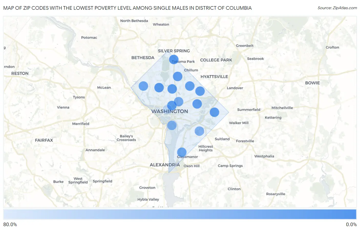 Zip Codes with the Lowest Poverty Level Among Single Males in District Of Columbia Map
