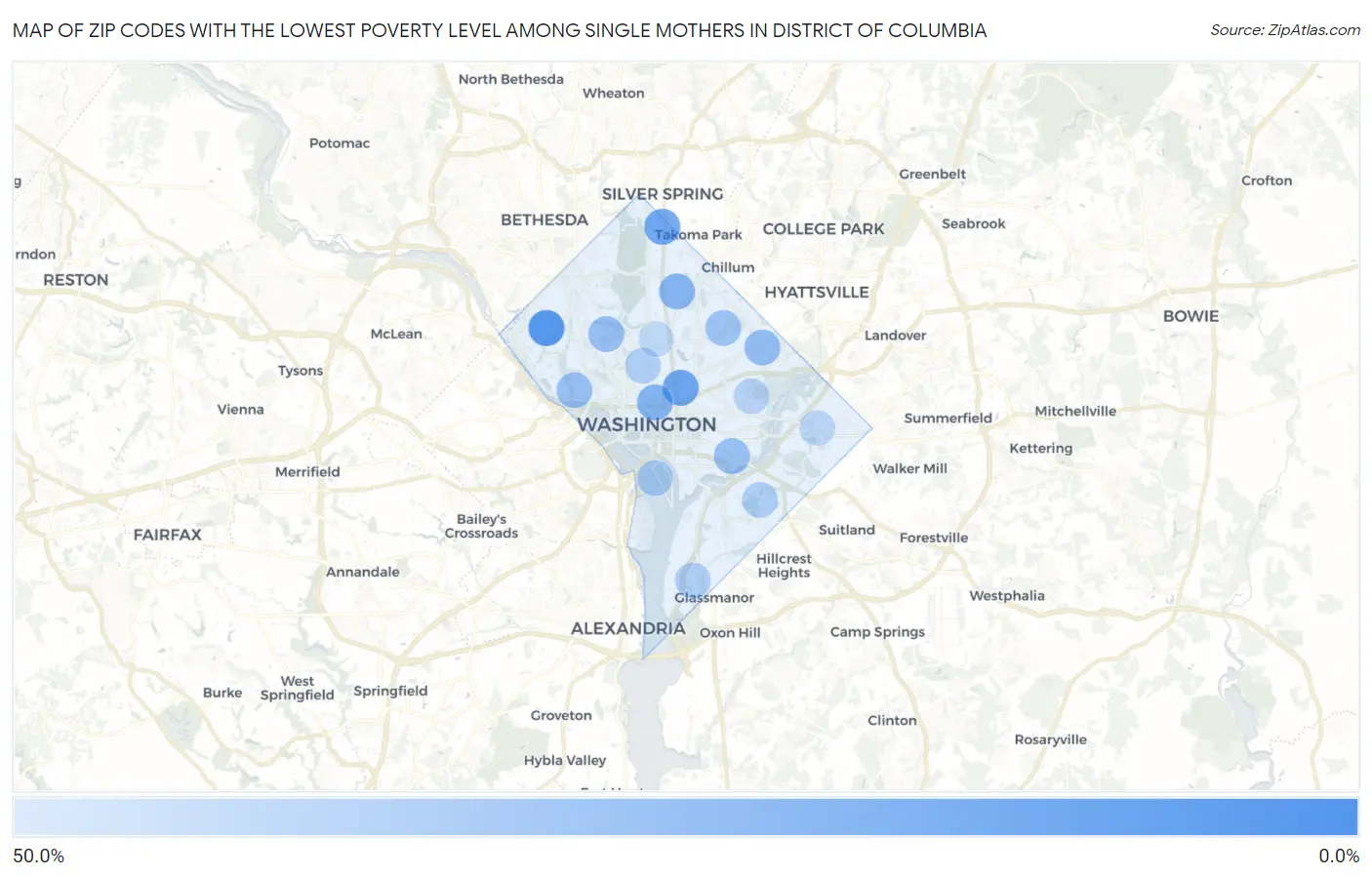 Zip Codes with the Lowest Poverty Level Among Single Mothers in District Of Columbia Map