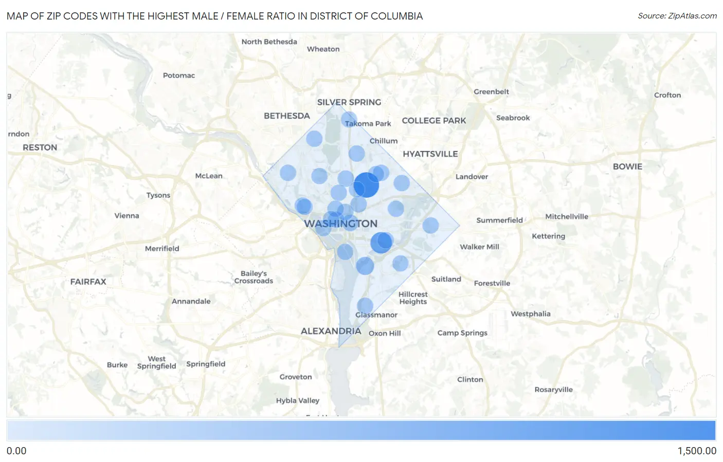 Zip Codes with the Highest Male / Female Ratio in District Of Columbia Map