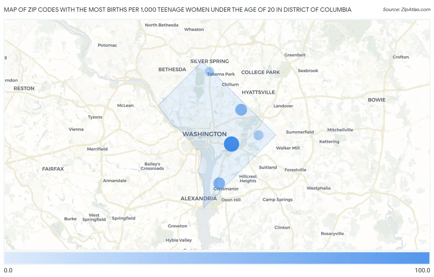 Zip Codes with the Most Births per 1,000 Teenage Women Under the Age of 20 in District Of Columbia Map