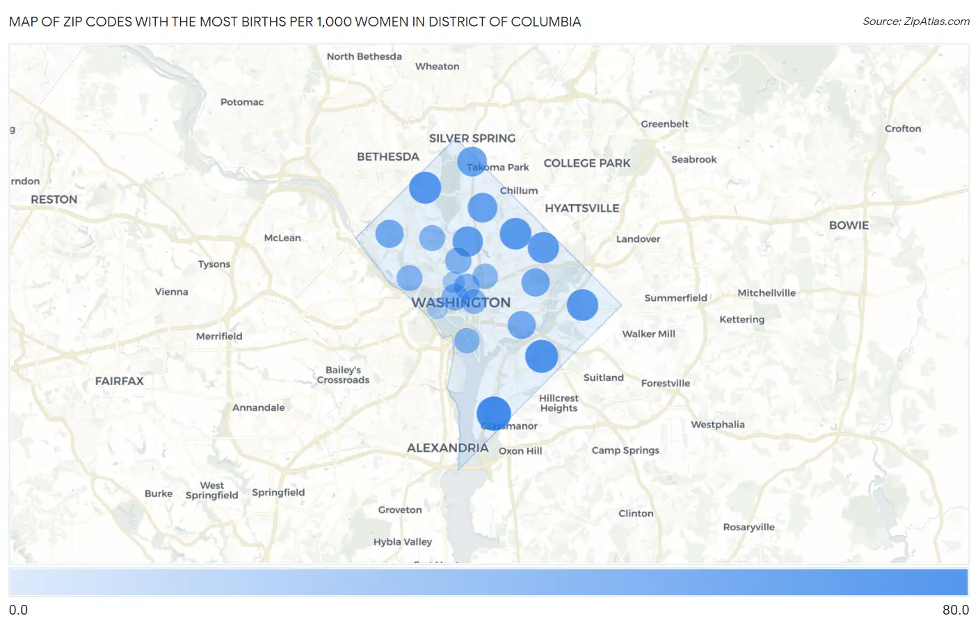 Zip Codes with the Most Births per 1,000 Women in District Of Columbia Map