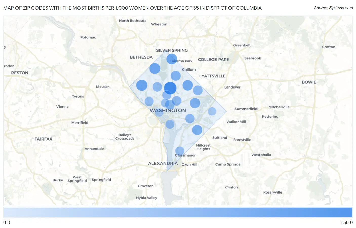 Zip Codes with the Most Births per 1,000 Women Over the Age of 35 in District Of Columbia Map