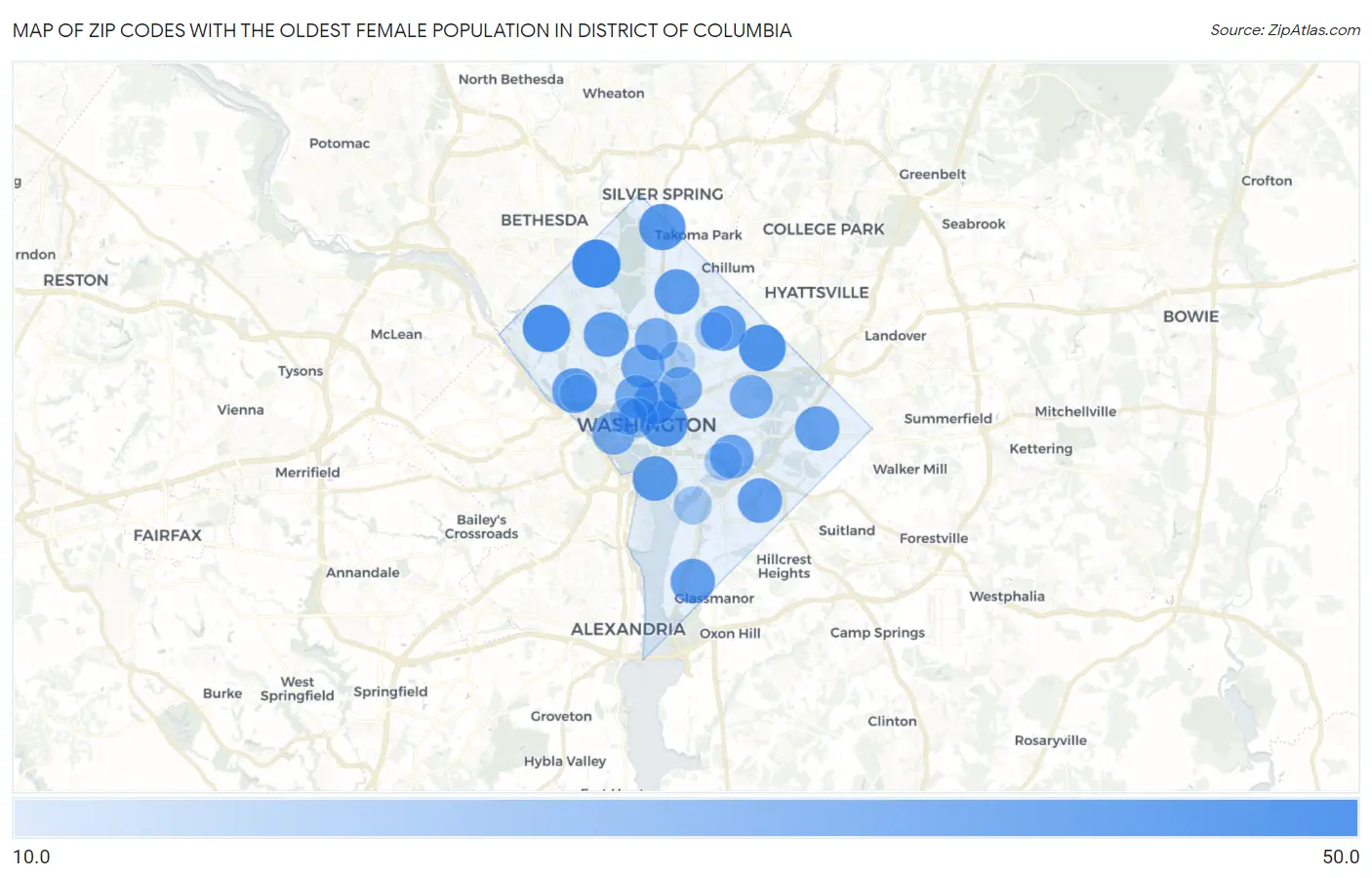 Zip Codes with the Oldest Female Population in District Of Columbia Map