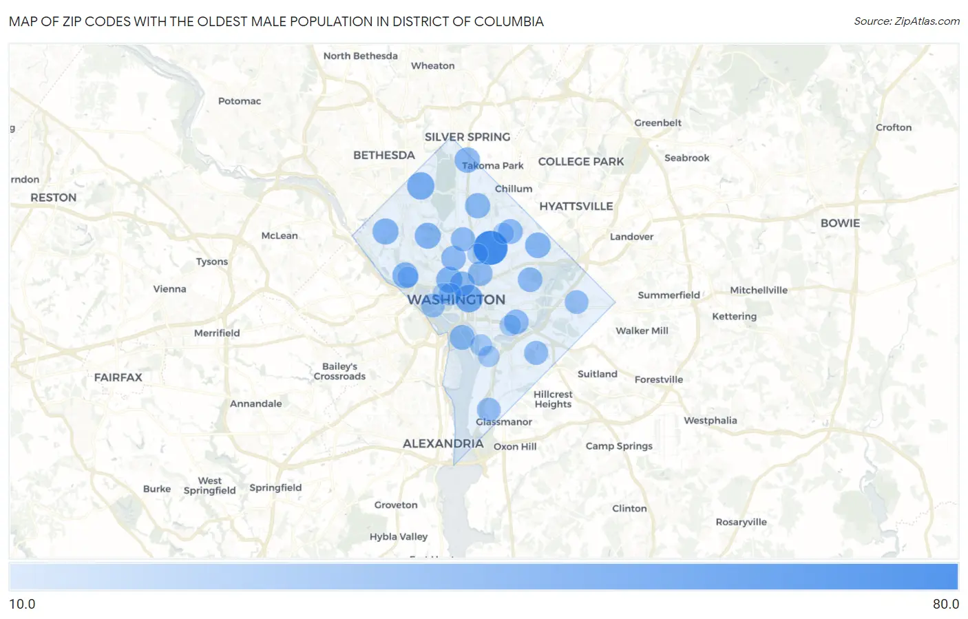 Zip Codes with the Oldest Male Population in District Of Columbia Map