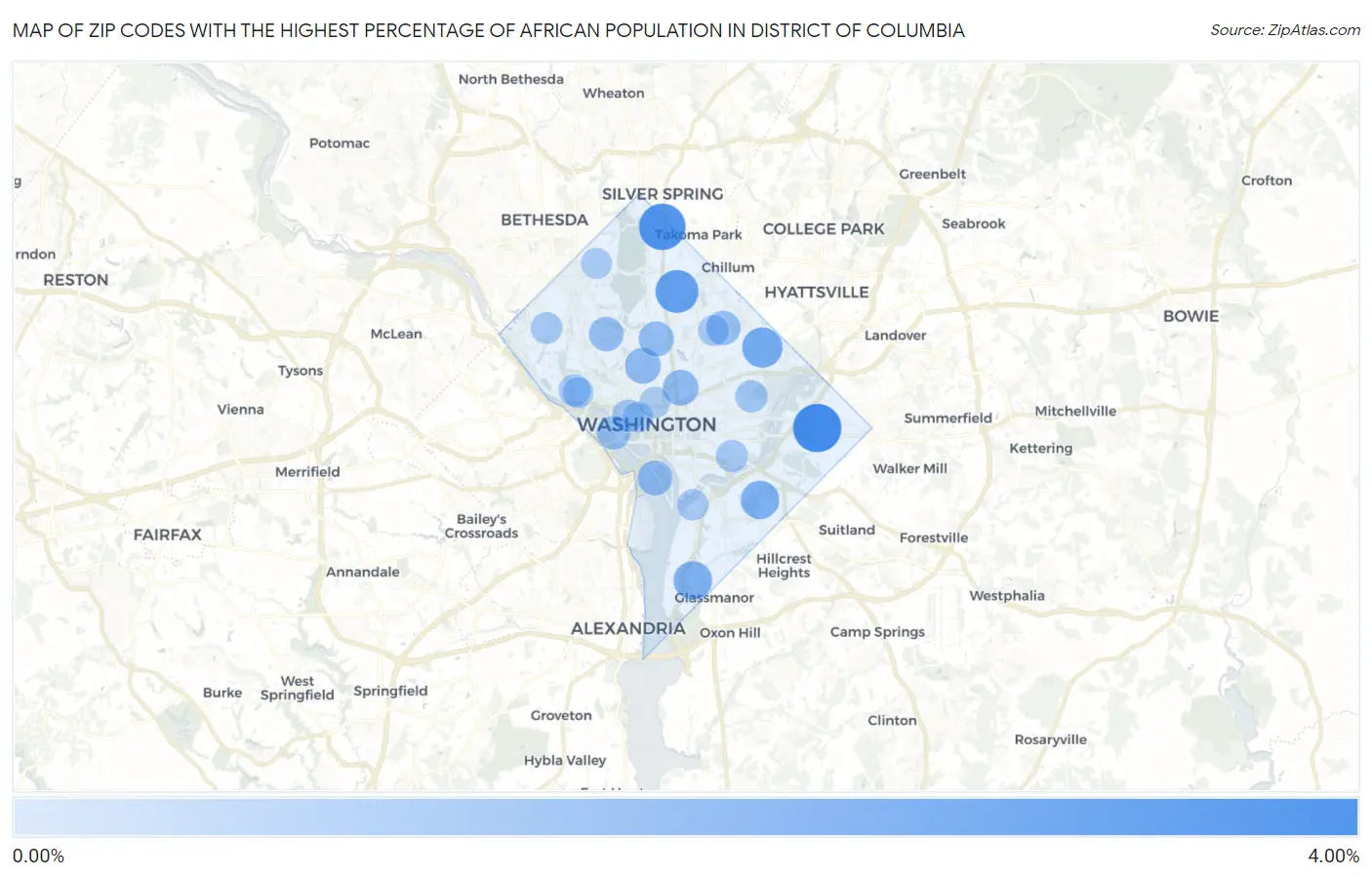 Zip Codes with the Highest Percentage of African Population in District Of Columbia Map
