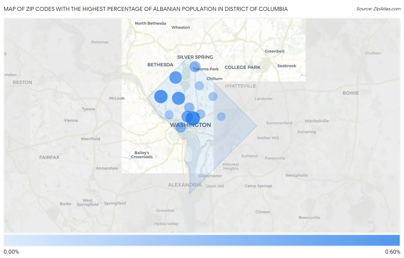 Zip Codes with the Highest Percentage of Albanian Population in District Of Columbia Map