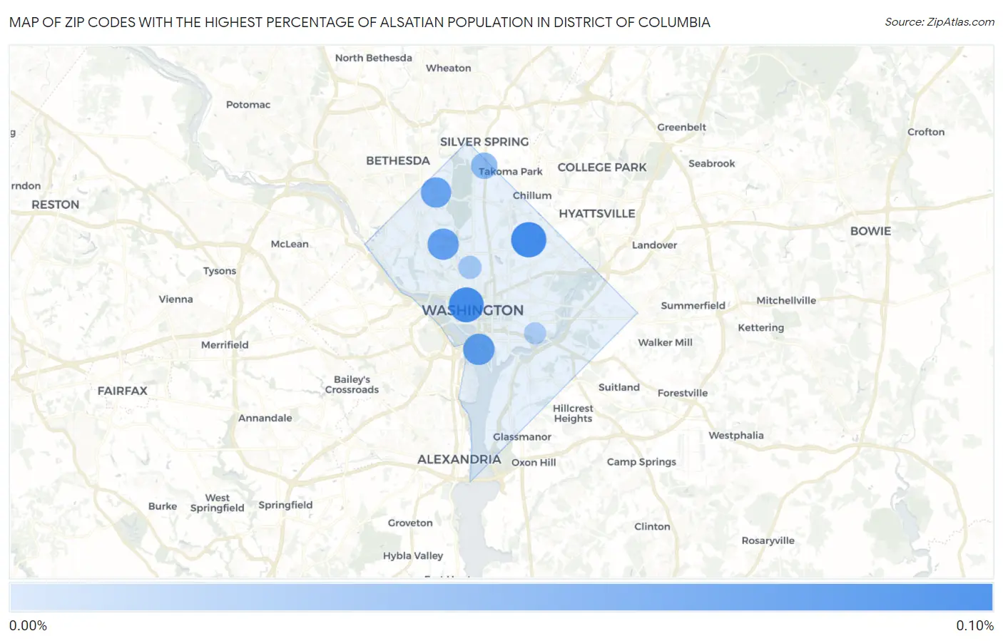 Zip Codes with the Highest Percentage of Alsatian Population in District Of Columbia Map