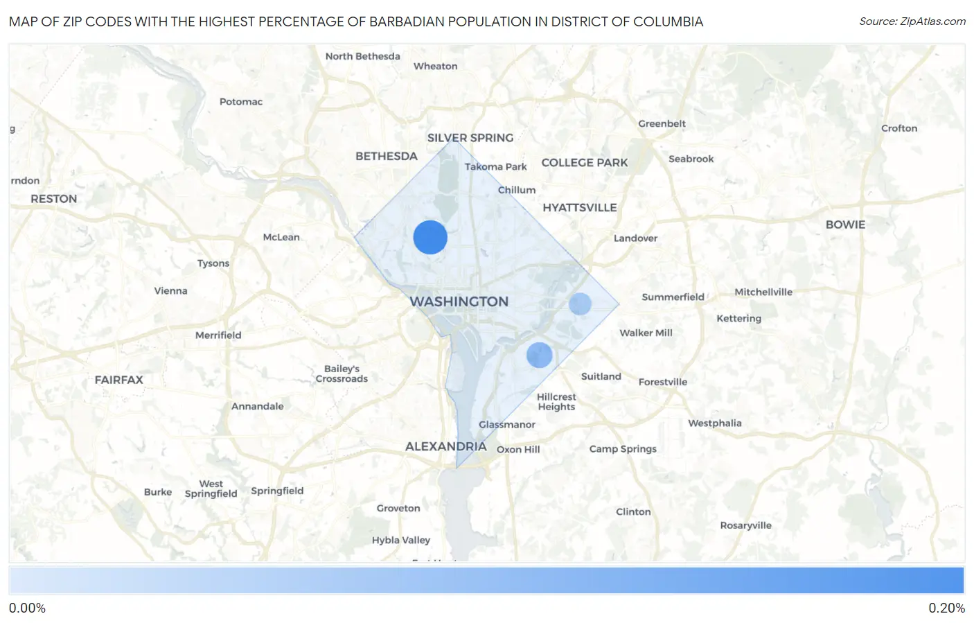 Zip Codes with the Highest Percentage of Barbadian Population in District Of Columbia Map