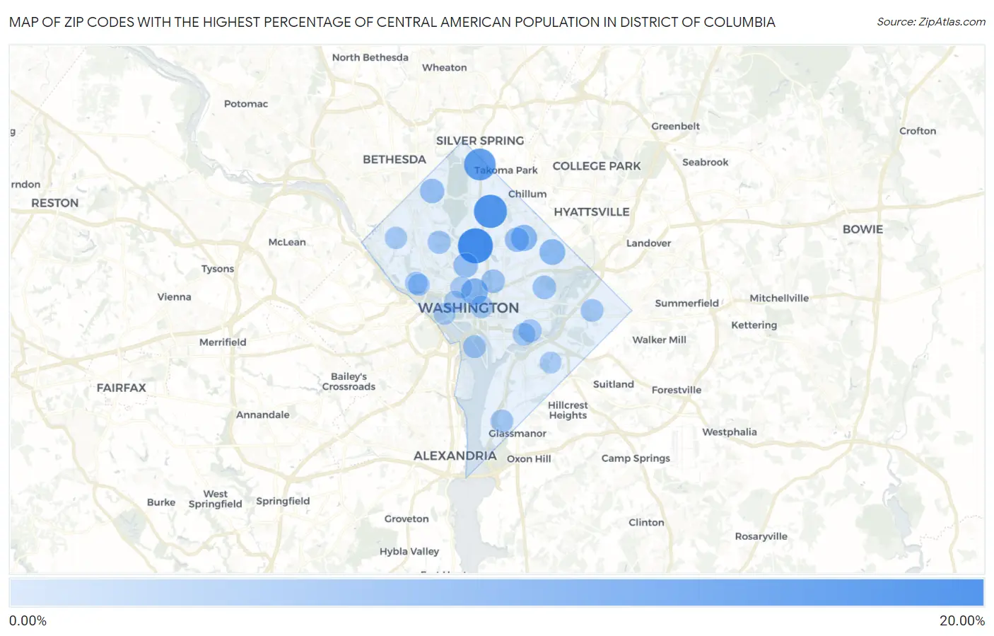 Zip Codes with the Highest Percentage of Central American Population in District Of Columbia Map