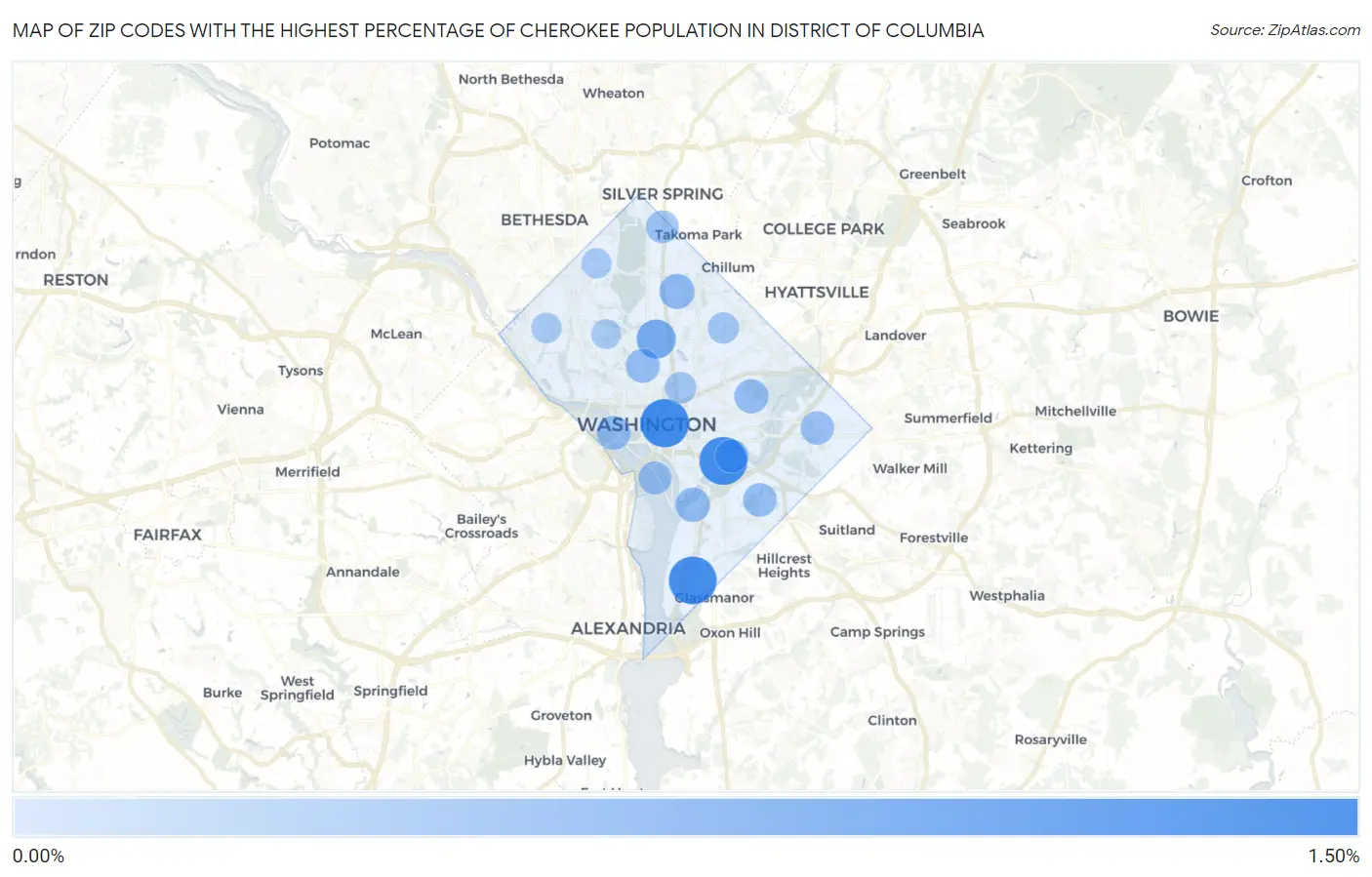 Zip Codes with the Highest Percentage of Cherokee Population in District Of Columbia Map