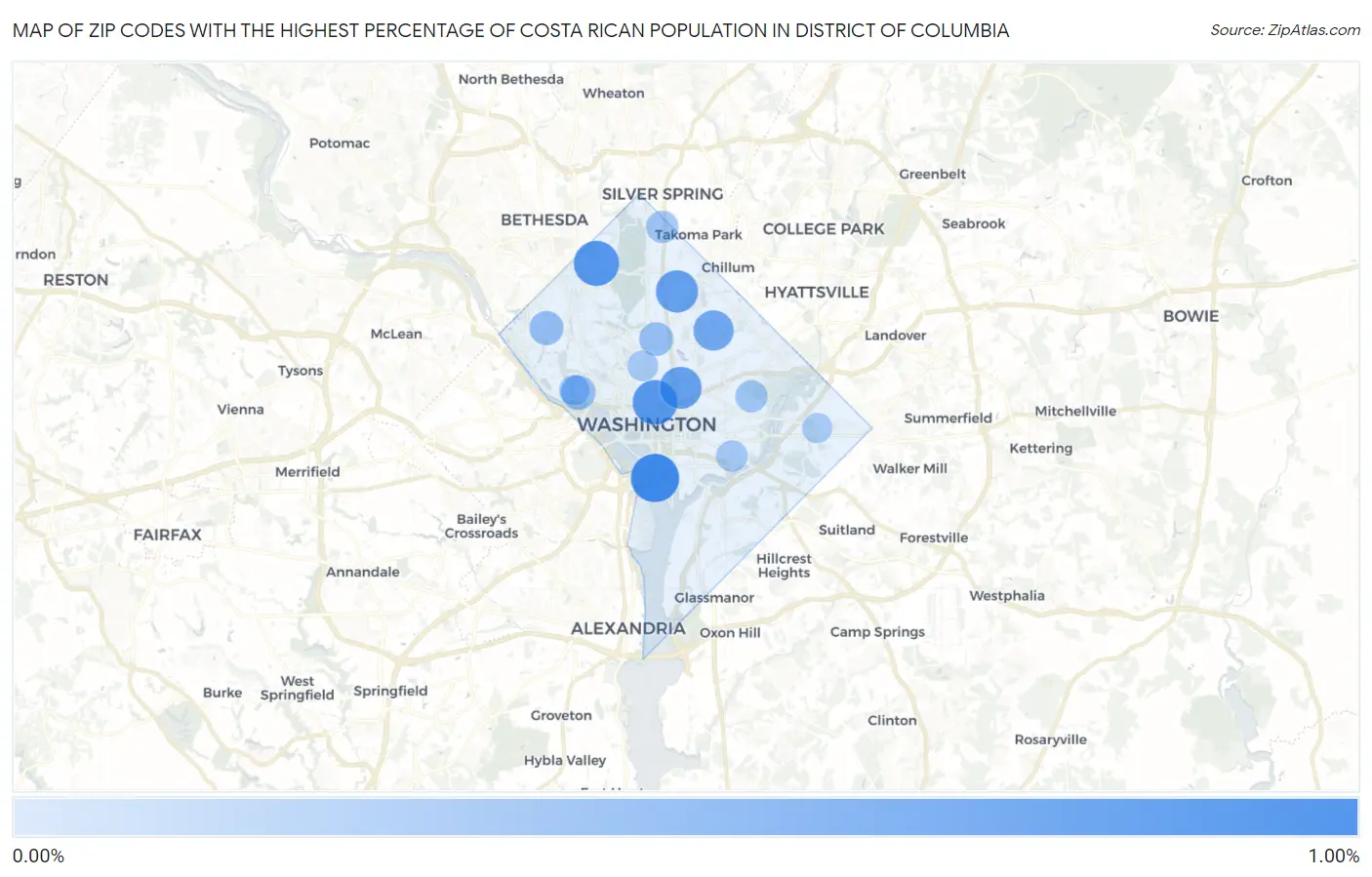 Zip Codes with the Highest Percentage of Costa Rican Population in District Of Columbia Map