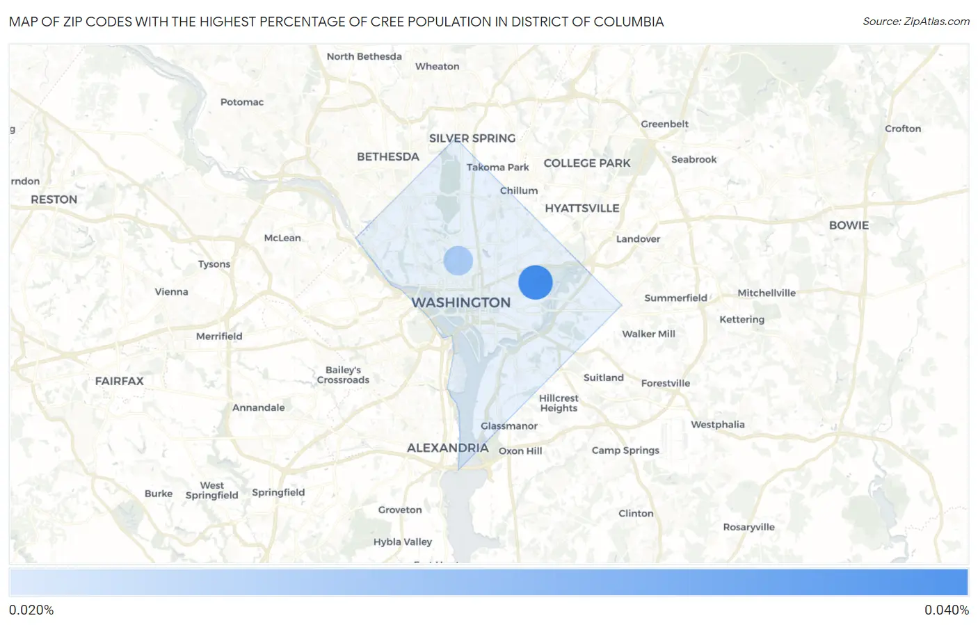 Zip Codes with the Highest Percentage of Cree Population in District Of Columbia Map