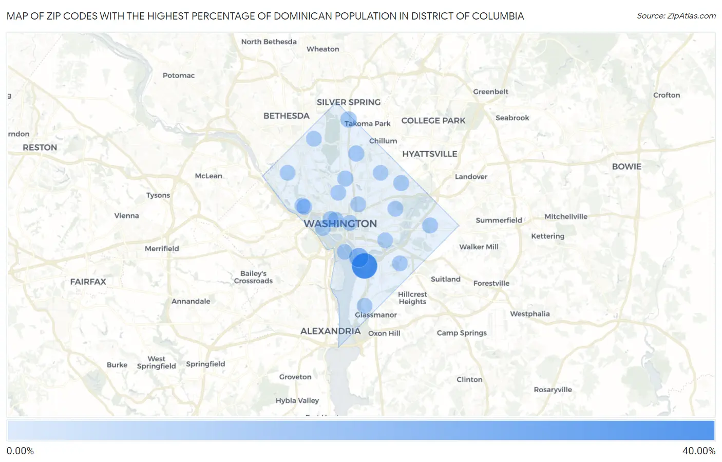Zip Codes with the Highest Percentage of Dominican Population in District Of Columbia Map
