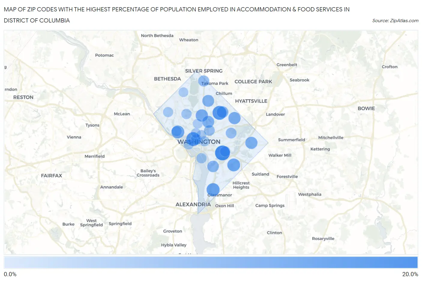 Zip Codes with the Highest Percentage of Population Employed in Accommodation & Food Services in District Of Columbia Map