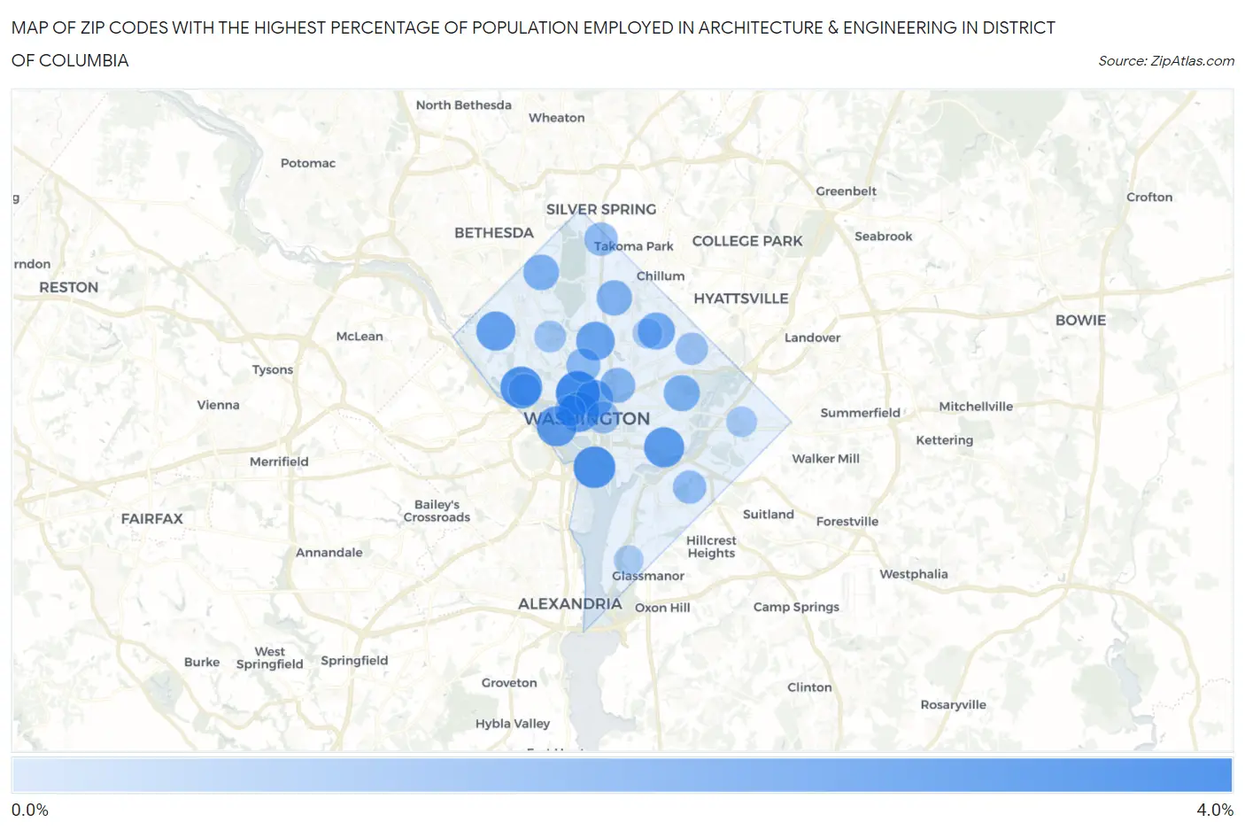 Zip Codes with the Highest Percentage of Population Employed in Architecture & Engineering in District Of Columbia Map