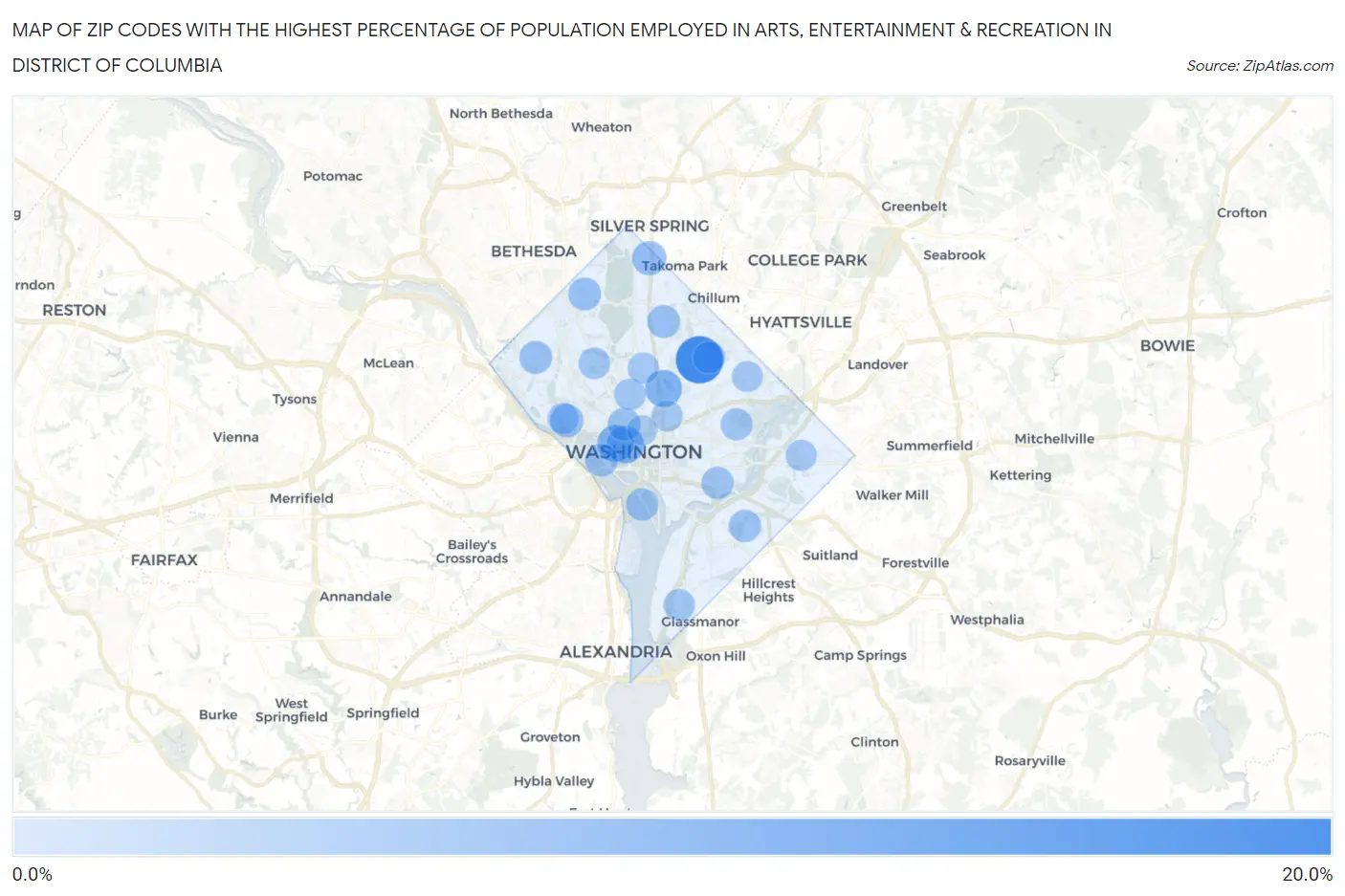 Zip Codes with the Highest Percentage of Population Employed in Arts, Entertainment & Recreation in District Of Columbia Map