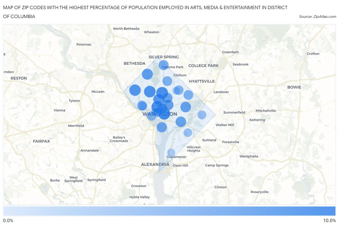 Zip Codes with the Highest Percentage of Population Employed in Arts, Media & Entertainment in District Of Columbia Map