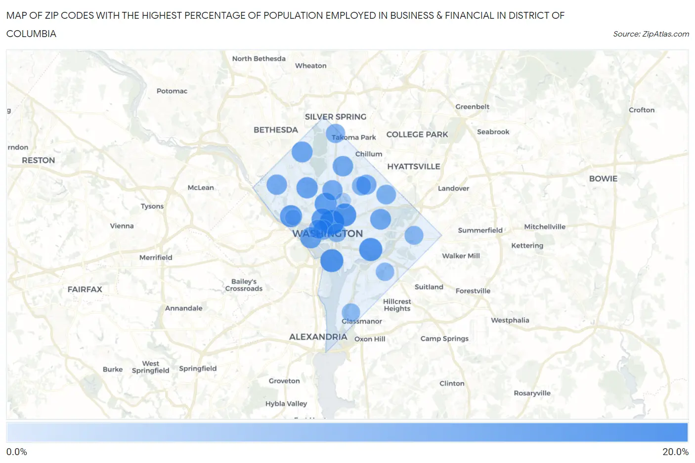 Zip Codes with the Highest Percentage of Population Employed in Business & Financial in District Of Columbia Map