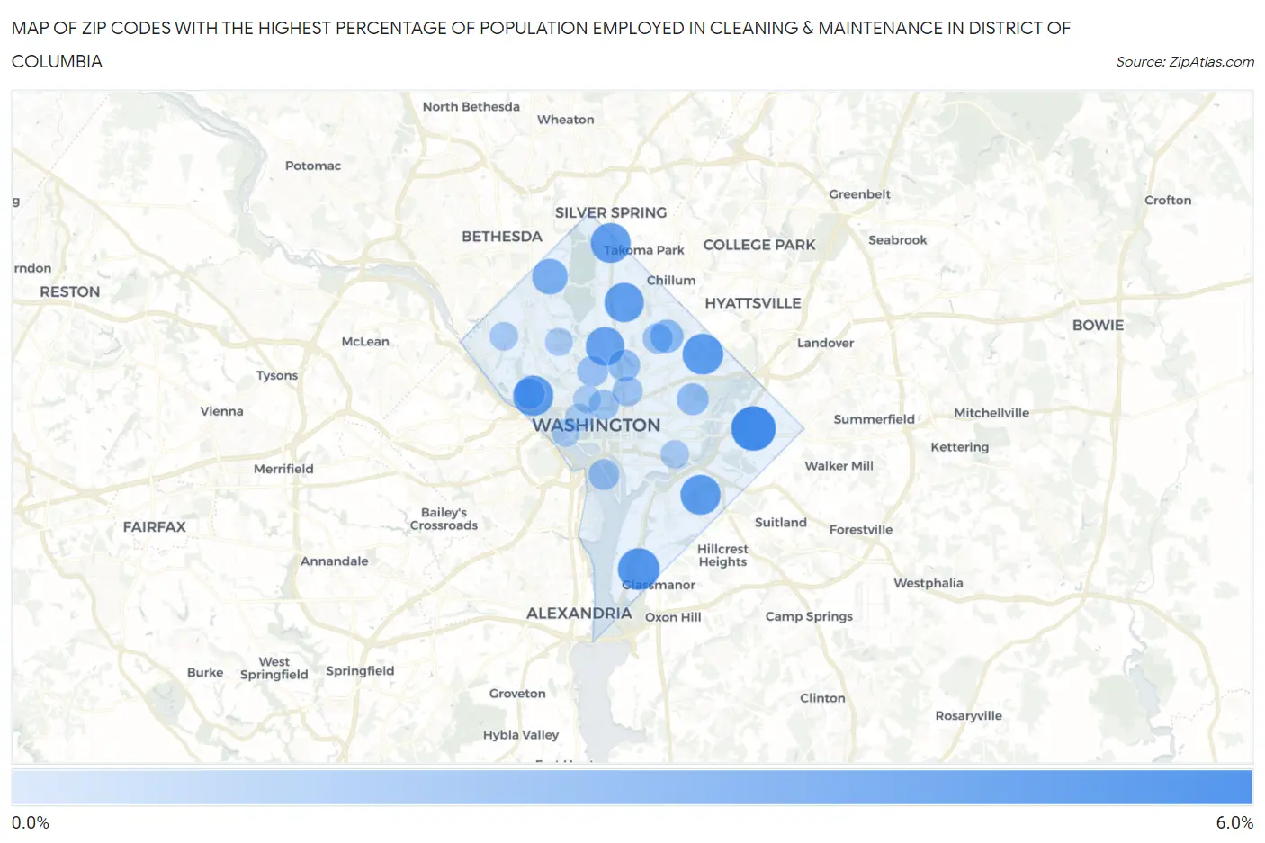 Zip Codes with the Highest Percentage of Population Employed in Cleaning & Maintenance in District Of Columbia Map
