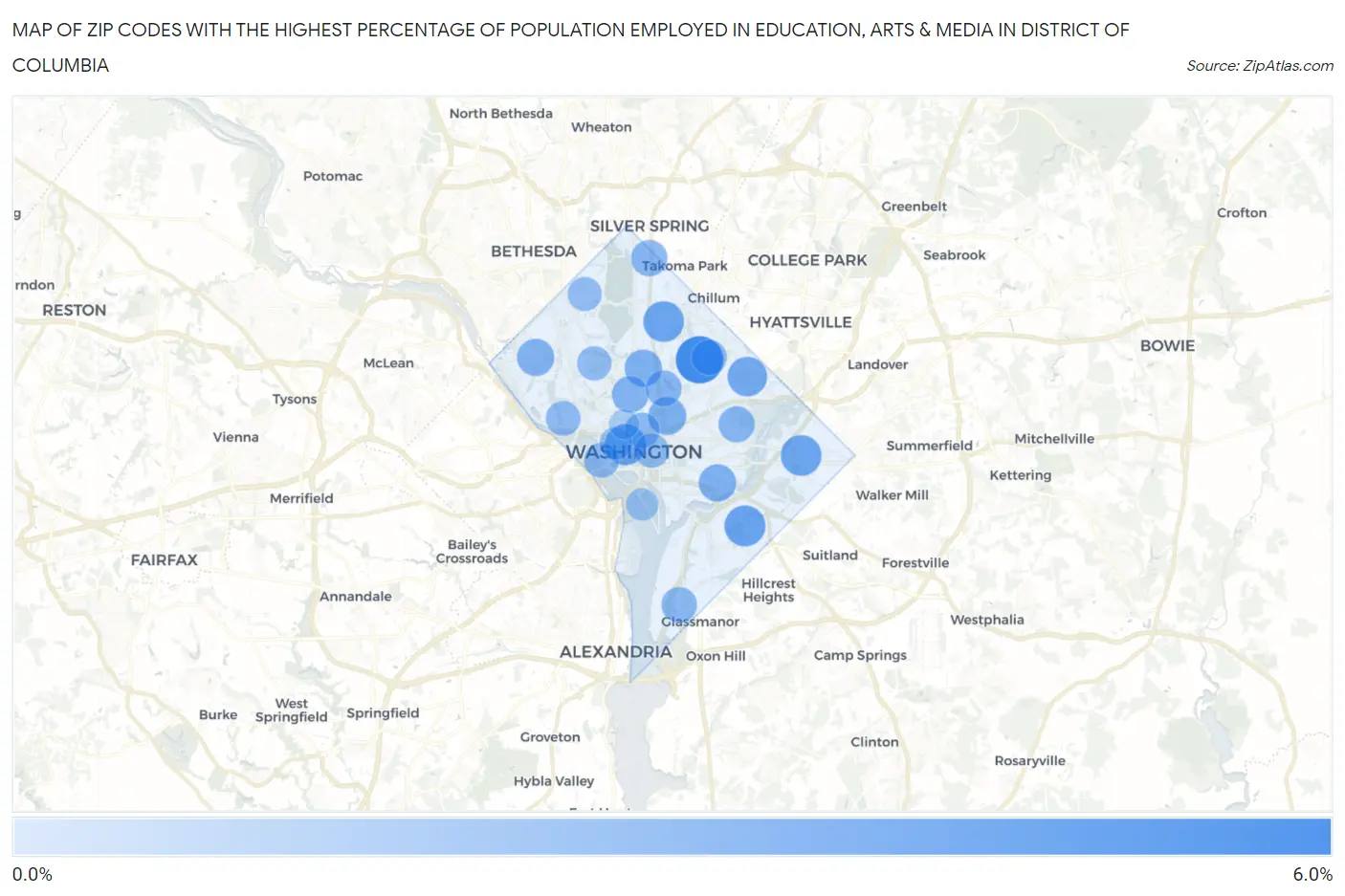 Zip Codes with the Highest Percentage of Population Employed in Education, Arts & Media in District Of Columbia Map