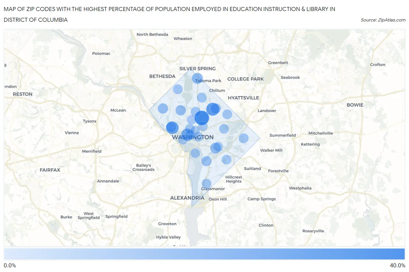 Zip Codes with the Highest Percentage of Population Employed in Education Instruction & Library in District Of Columbia Map