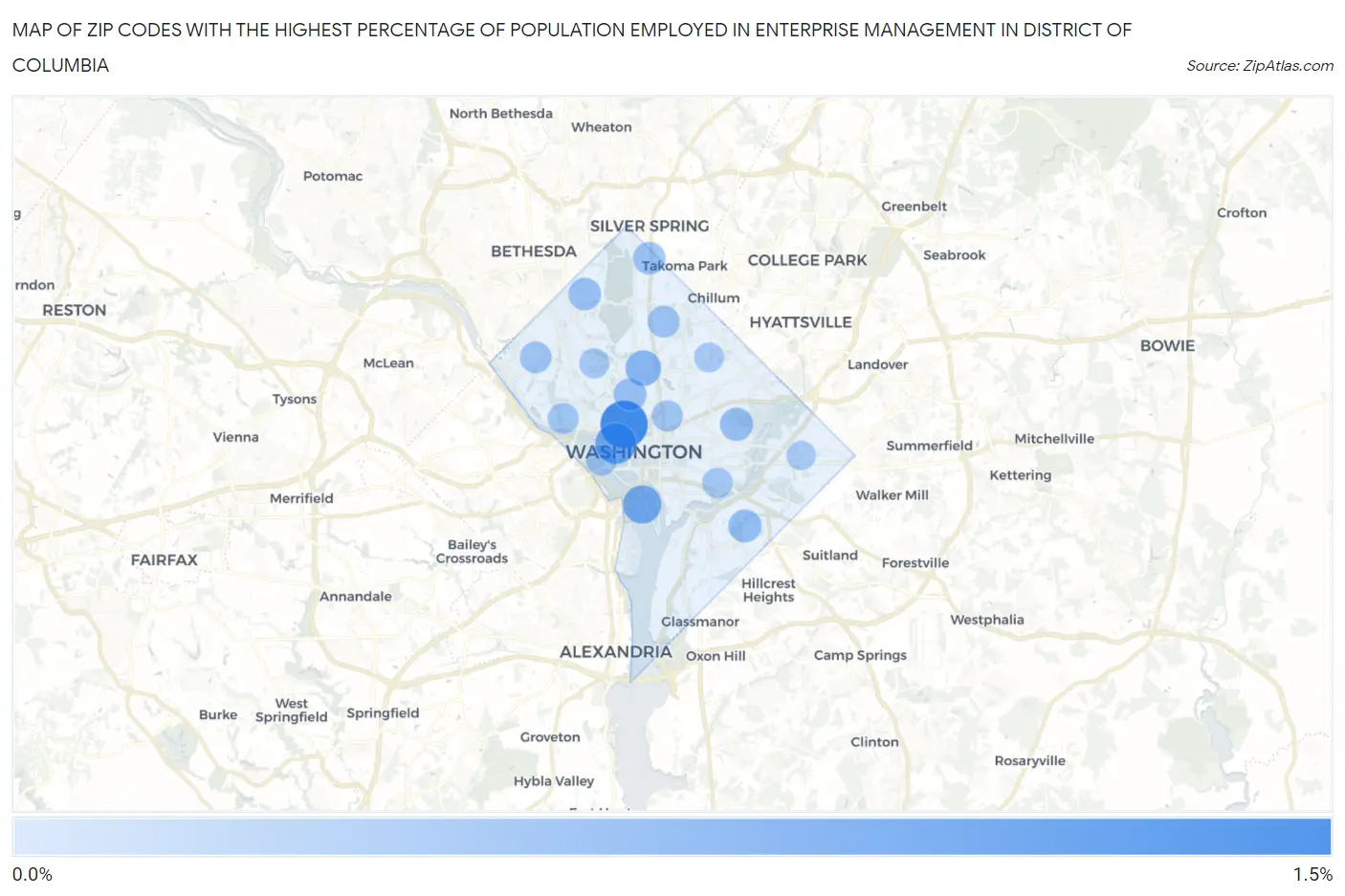 Zip Codes with the Highest Percentage of Population Employed in Enterprise Management in District Of Columbia Map