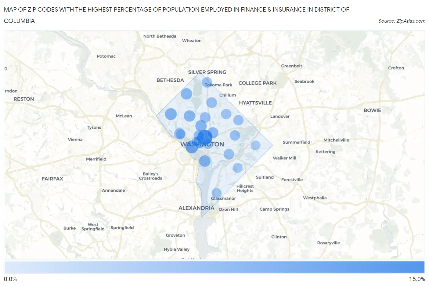 Zip Codes with the Highest Percentage of Population Employed in Finance & Insurance in District Of Columbia Map