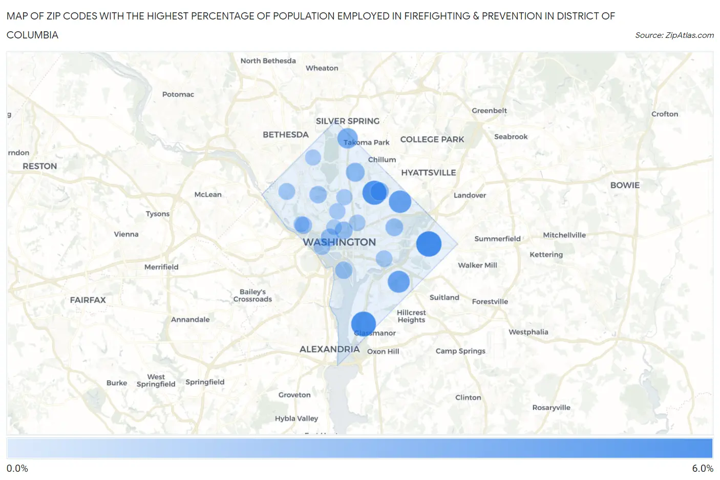 Zip Codes with the Highest Percentage of Population Employed in Firefighting & Prevention in District Of Columbia Map