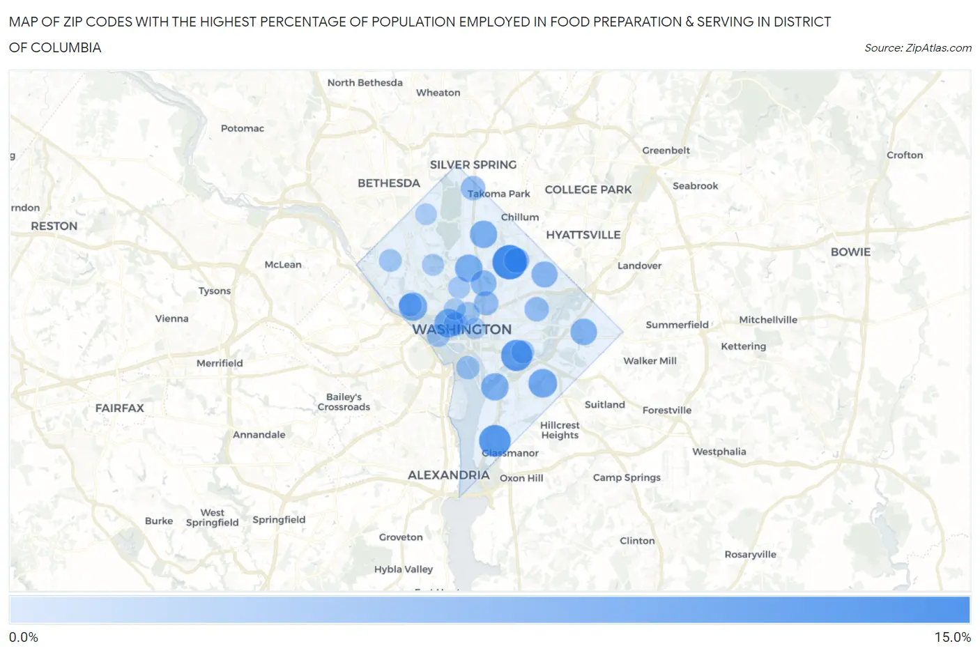 Zip Codes with the Highest Percentage of Population Employed in Food Preparation & Serving in District Of Columbia Map
