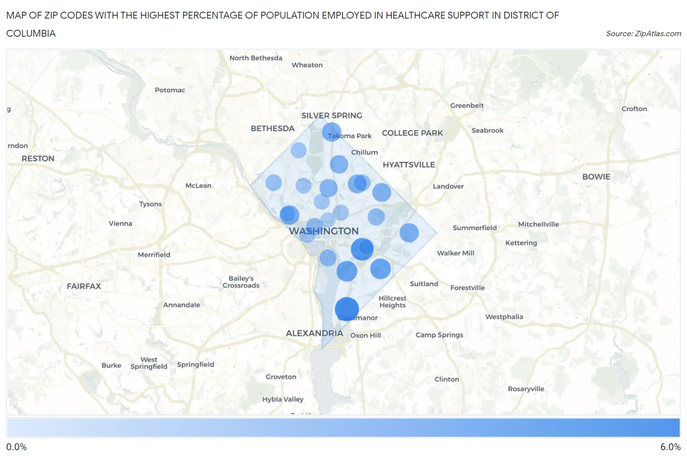 Zip Codes with the Highest Percentage of Population Employed in Healthcare Support in District Of Columbia Map