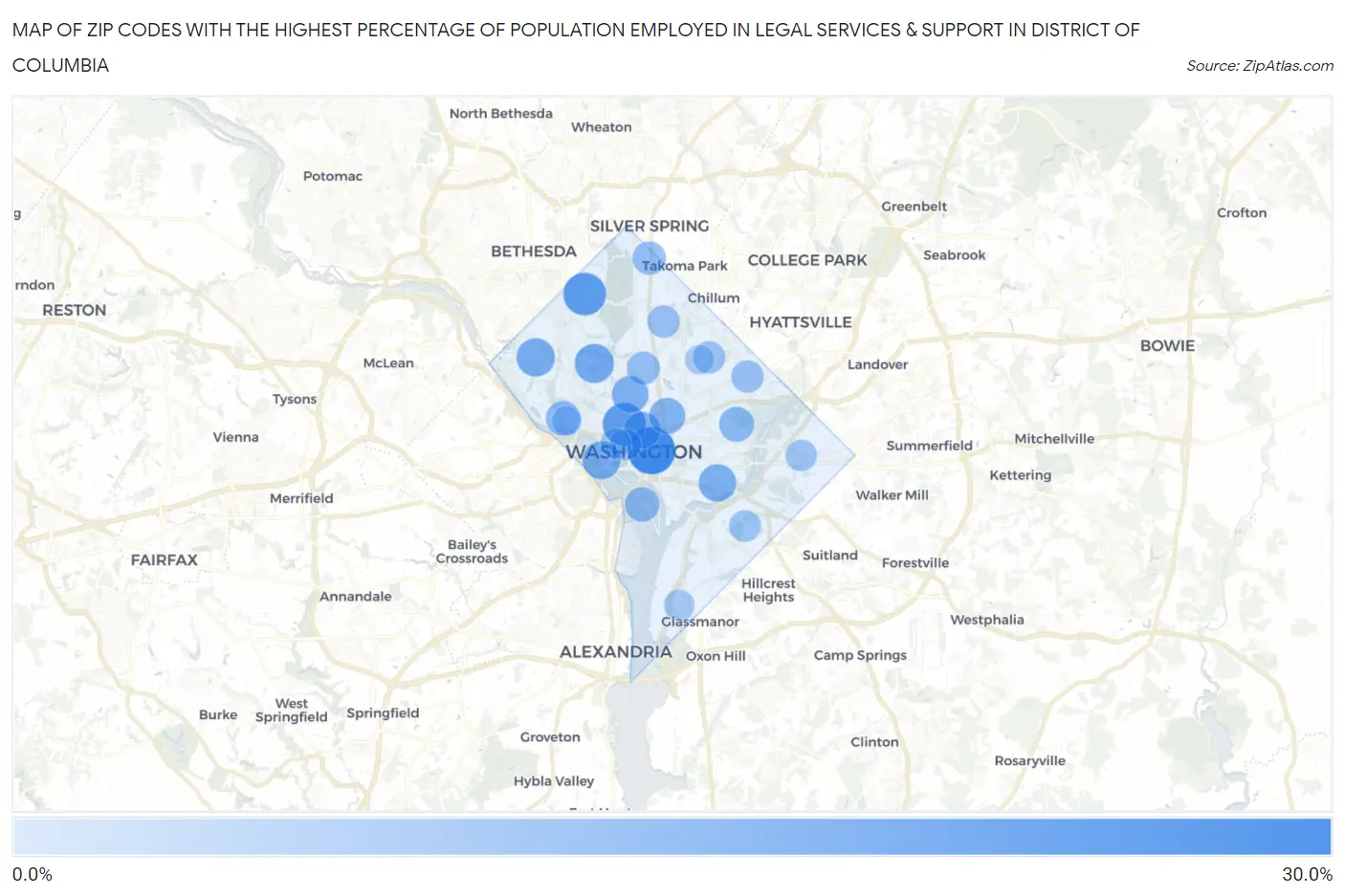 Zip Codes with the Highest Percentage of Population Employed in Legal Services & Support in District Of Columbia Map