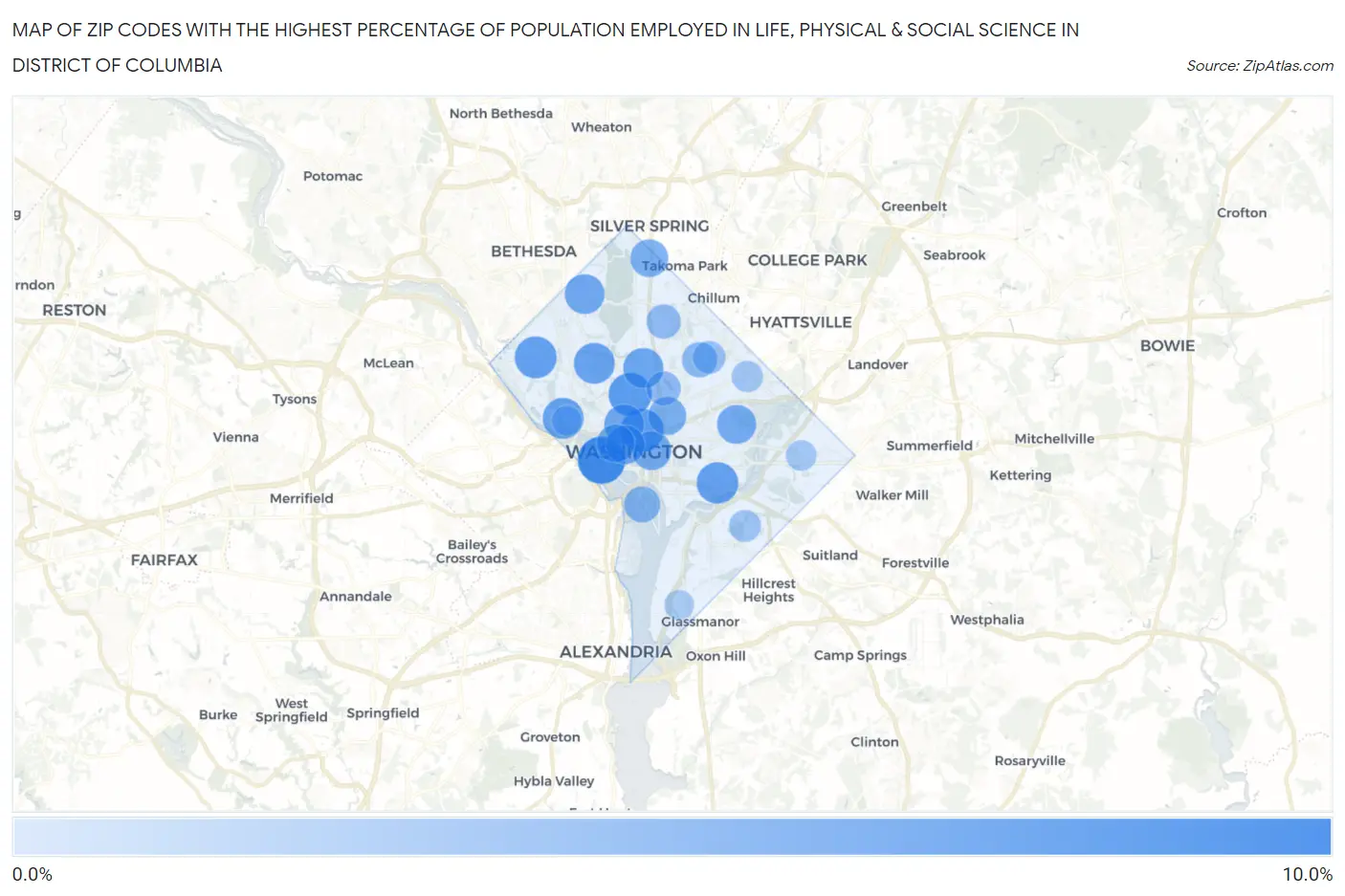 Zip Codes with the Highest Percentage of Population Employed in Life, Physical & Social Science in District Of Columbia Map