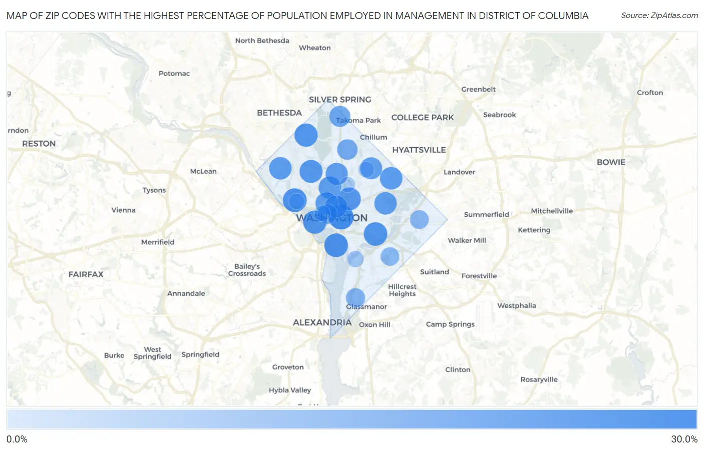 Zip Codes with the Highest Percentage of Population Employed in Management in District Of Columbia Map