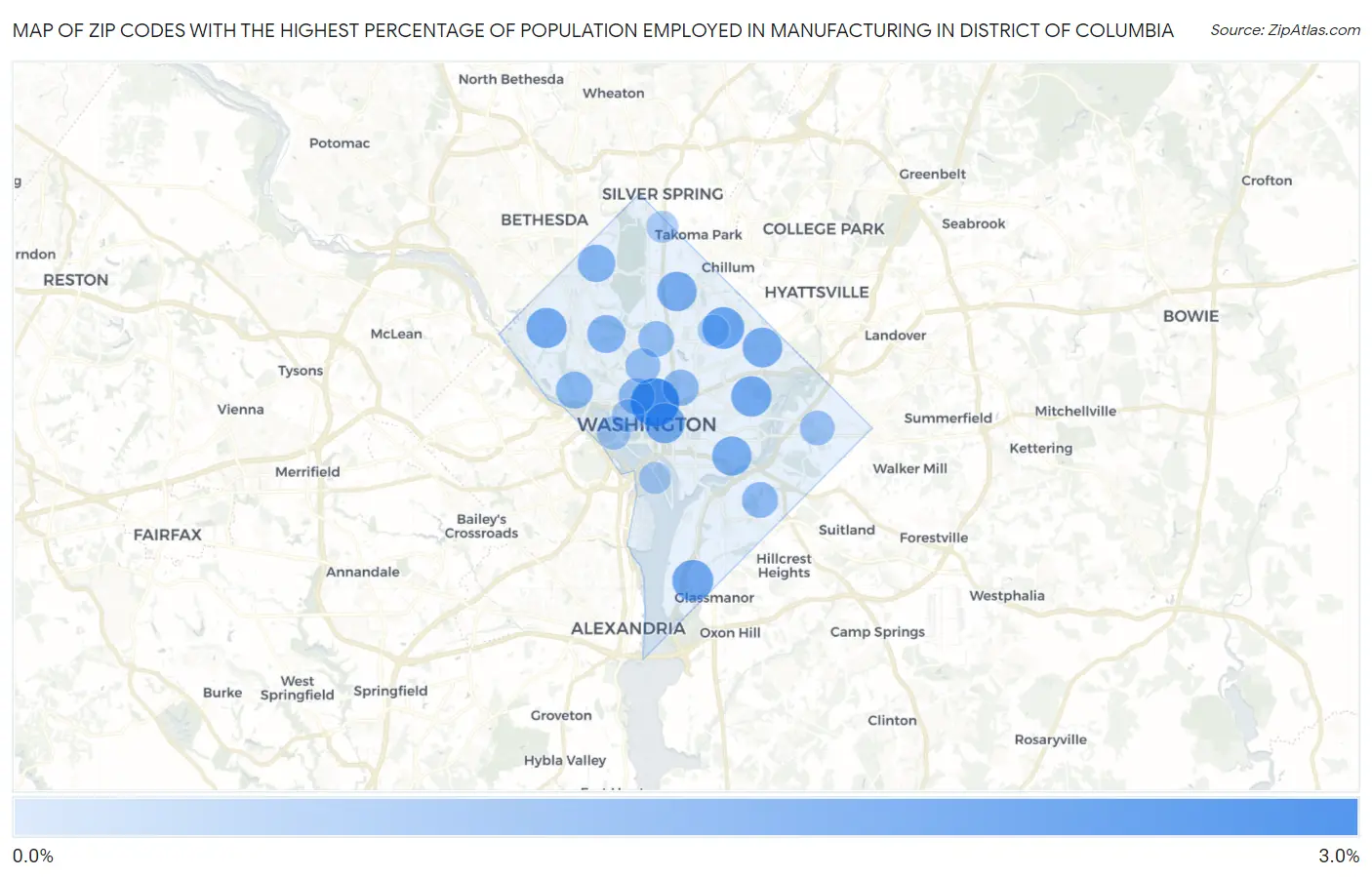 Zip Codes with the Highest Percentage of Population Employed in Manufacturing in District Of Columbia Map
