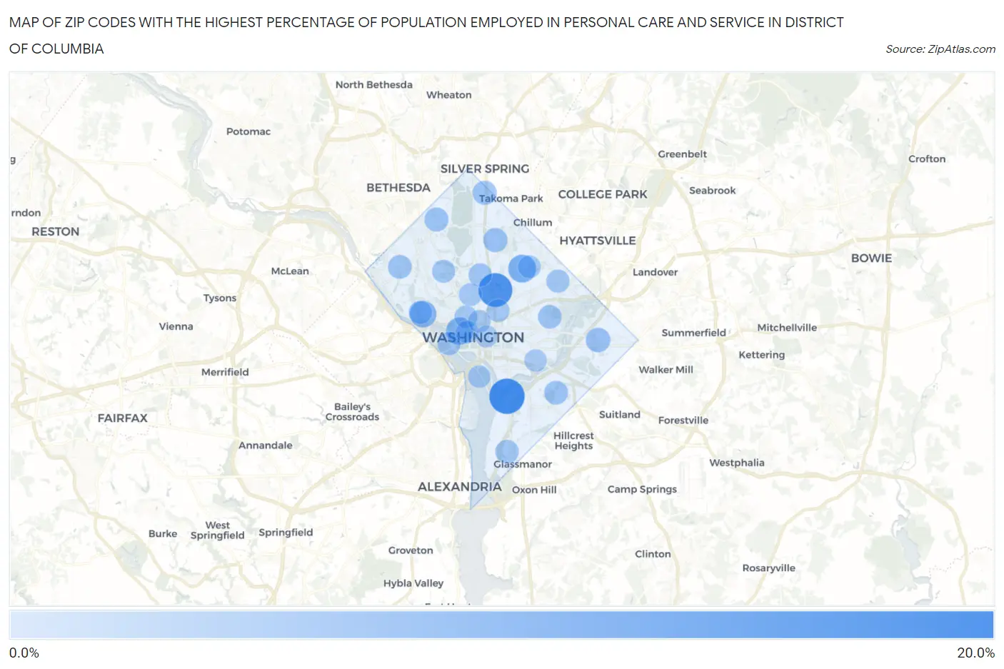 Zip Codes with the Highest Percentage of Population Employed in Personal Care and Service in District Of Columbia Map