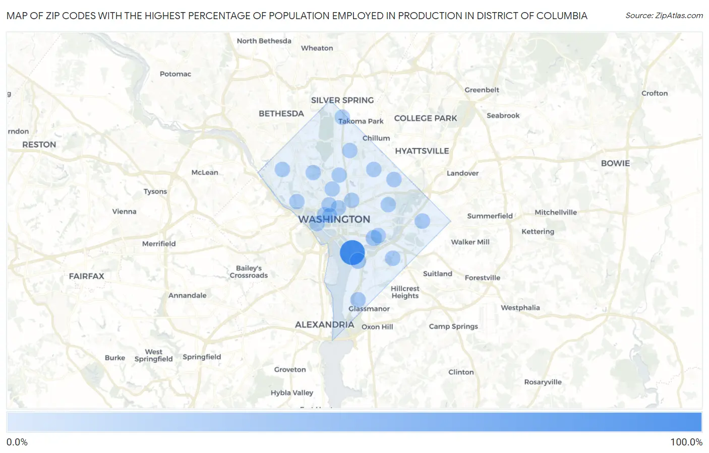 Zip Codes with the Highest Percentage of Population Employed in Production in District Of Columbia Map