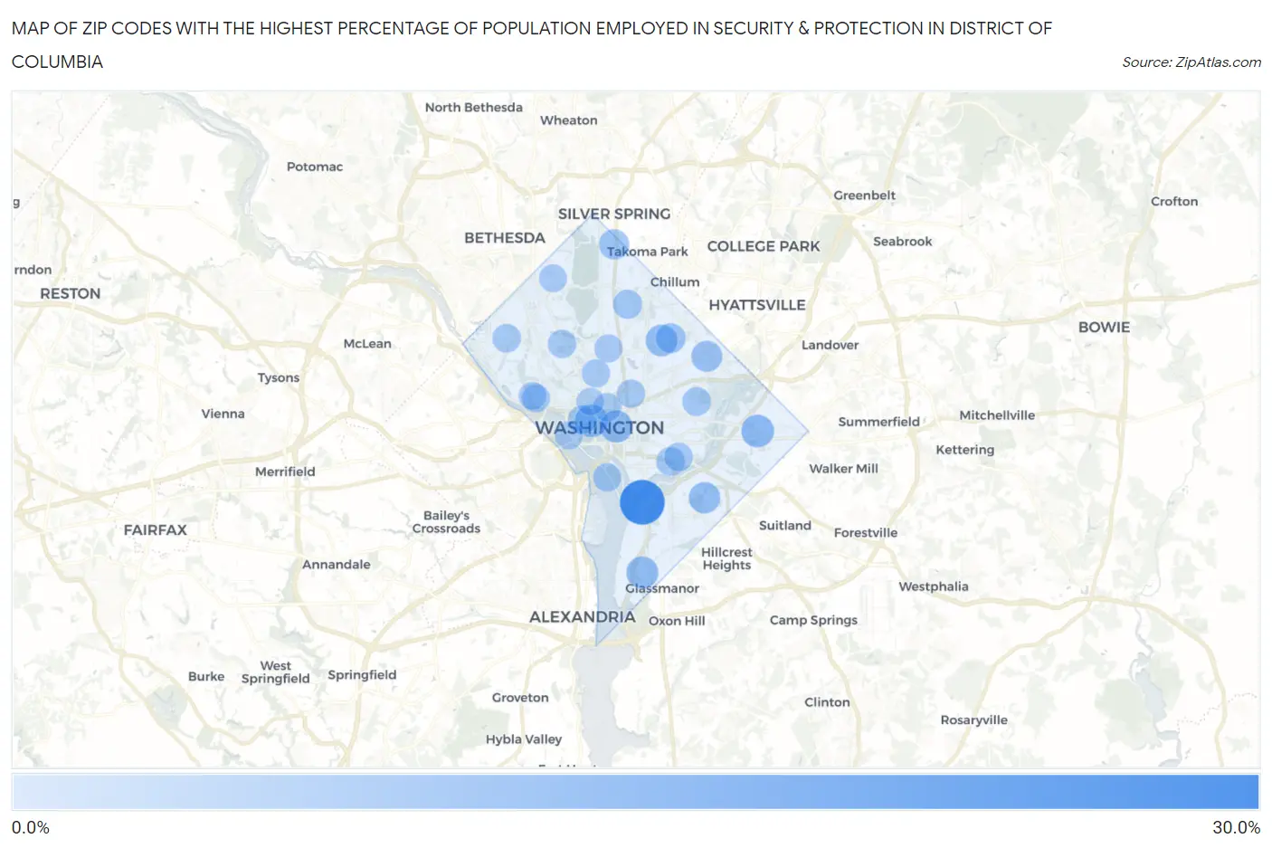 Zip Codes with the Highest Percentage of Population Employed in Security & Protection in District Of Columbia Map