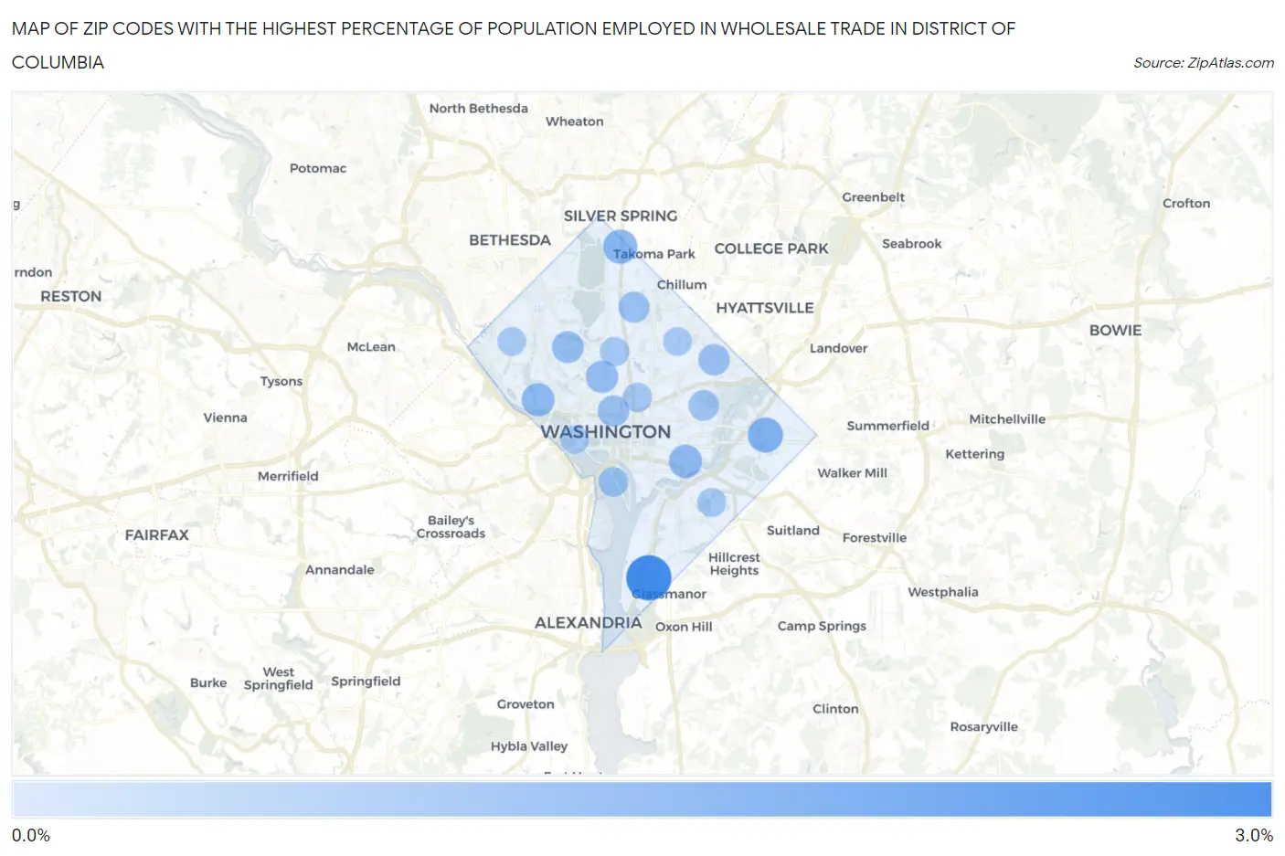 Zip Codes with the Highest Percentage of Population Employed in Wholesale Trade in District Of Columbia Map