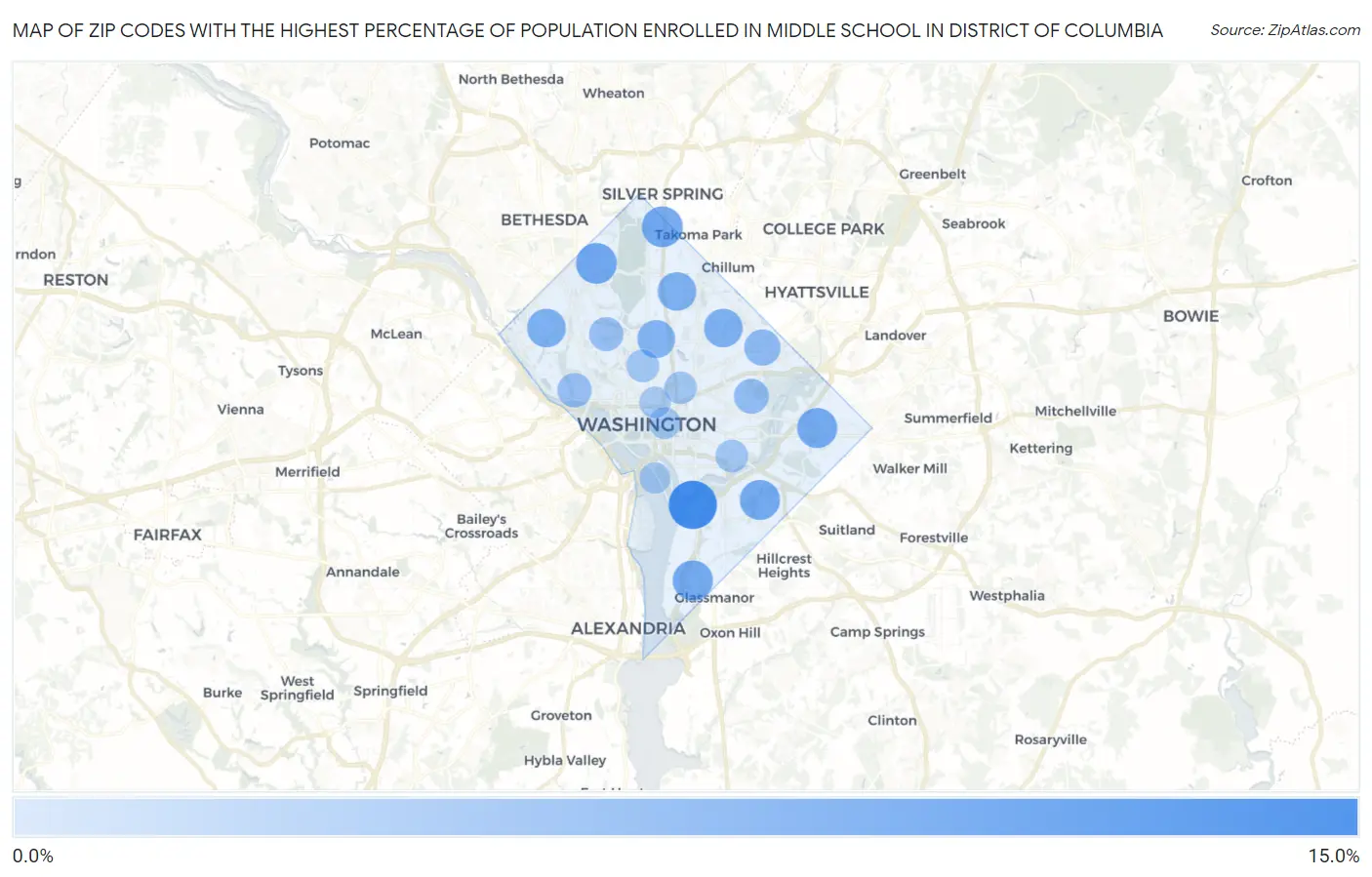 Zip Codes with the Highest Percentage of Population Enrolled in Middle School in District Of Columbia Map