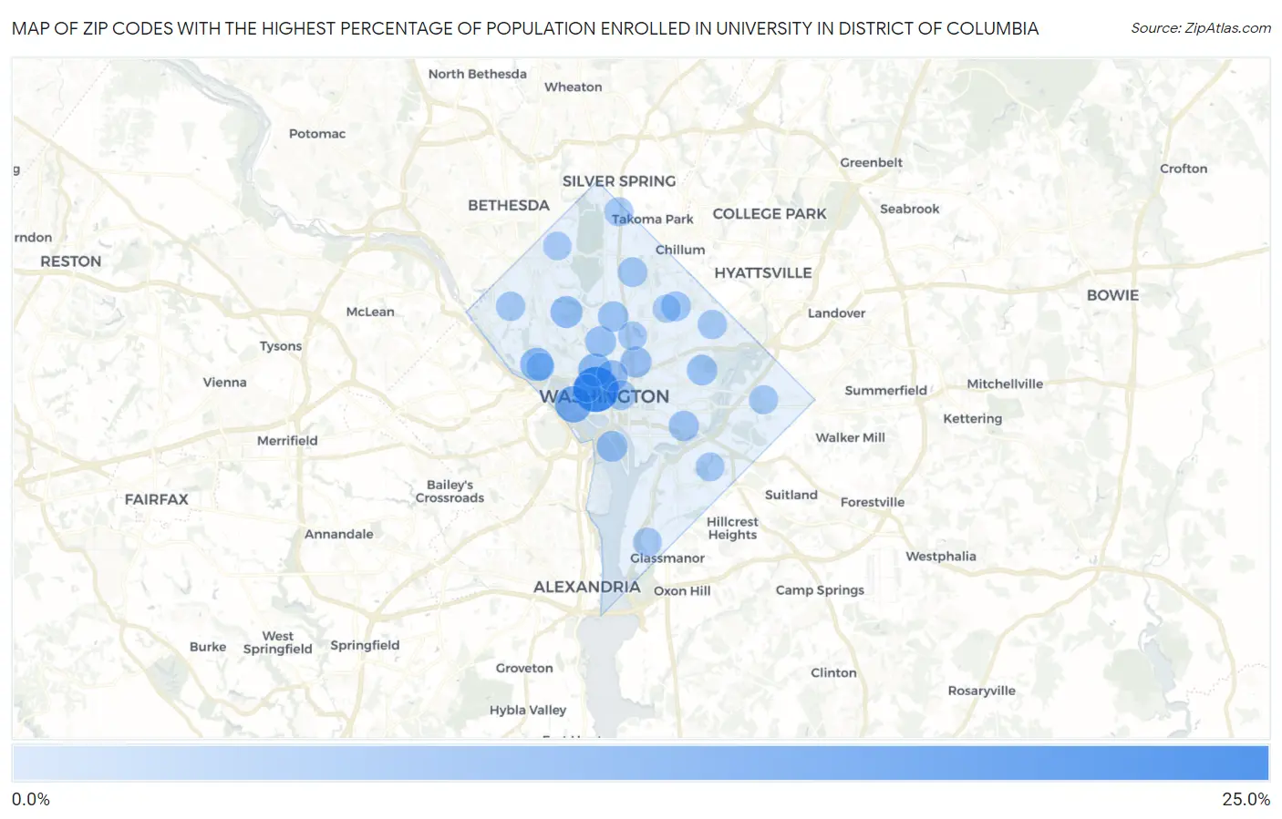 Zip Codes with the Highest Percentage of Population Enrolled in University in District Of Columbia Map