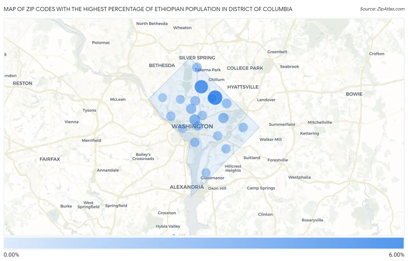 Zip Codes with the Highest Percentage of Ethiopian Population in District Of Columbia Map