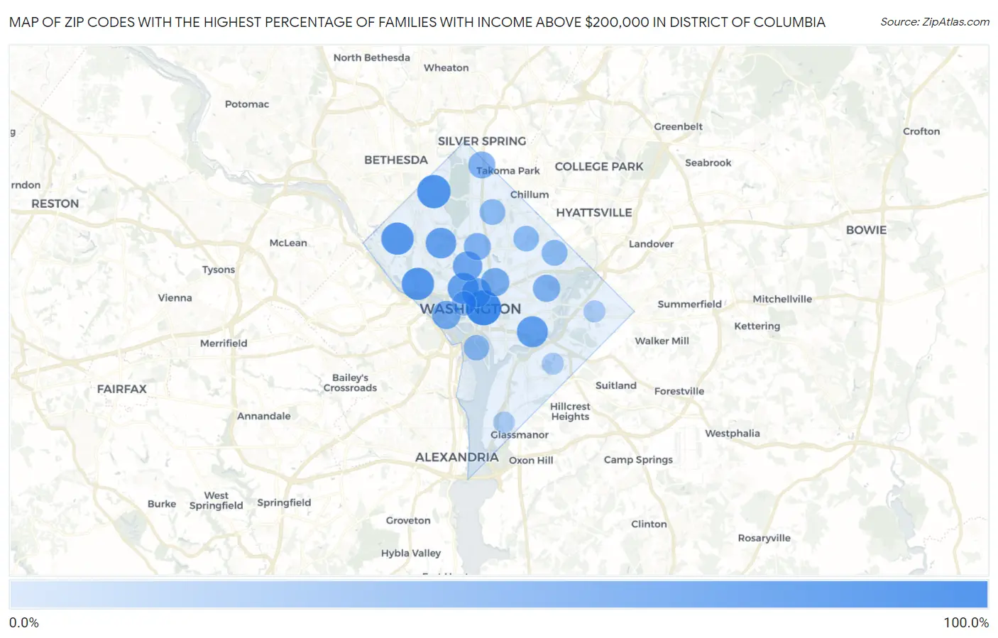 Zip Codes with the Highest Percentage of Families with Income Above $200,000 in District Of Columbia Map